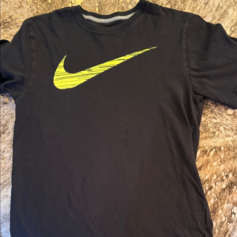 Nike Men's Black Tee with Vibrant Yellow Swoosh